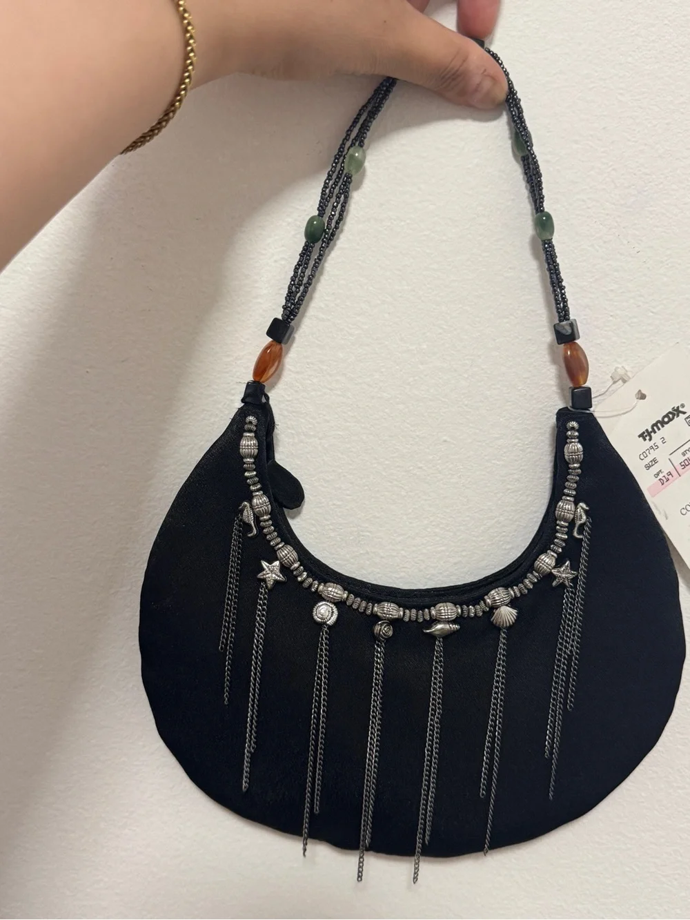 Y2K SAVANNA Small Black Beaded Shoulder Bag Boho Chain Tassel Purse